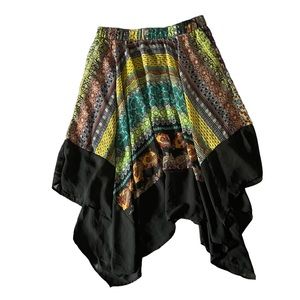 Lapis Whimsygoth Asymmetrical Boho Black Multicolor Funky Print Midi Skirt XL